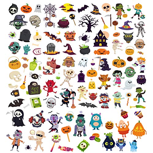 117 pcs Halloween Temporary Tattoos for kid，10 Sheets Sweatproof Children Cartoon Tattoo Party Supplies Pumpkin Bats Witch Monster Ghost Tattoos Stickers