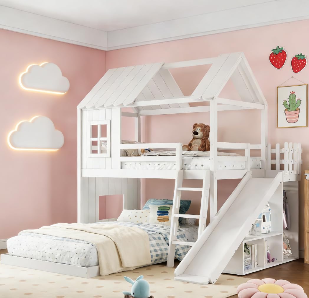 Bellemave Bunk beds Twin Over Full with Slide,Ladders,Bookshelf and Wardrobe House roof Design, Low bunk/loft Bed for Kids，White