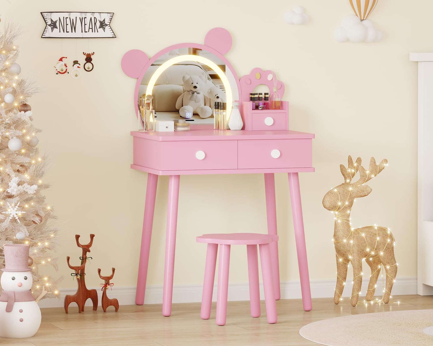Kids Vanity Set,Bear-Shaped Make Up Vanity Desk with Lights &amp; Mirror,Wooden Princess Toddler Make Up Table Set for Little Girls,Pink