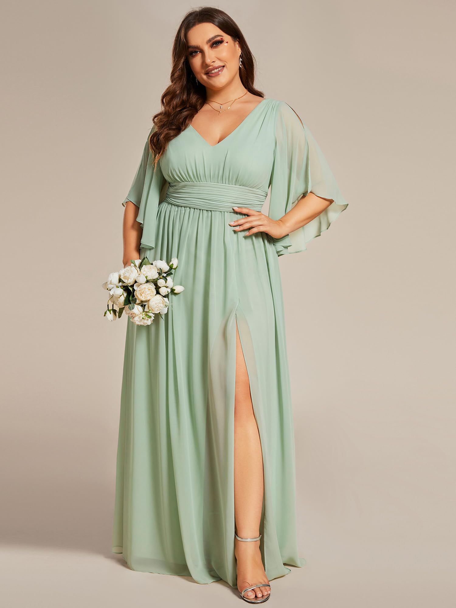Ever-Pretty Plus Abito da damigella d'onore da donna Plus Size scollo a V mezza manica fessura una linea di lunghezza al pavimento 01886-DA, Verde menta, 58