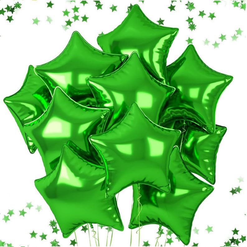 Star Balloons 18 Inch - 10 Pack Metallic Green Self-Sealing Foil Balloons for Parties, Birthday Decorations (Durable Thick Material)