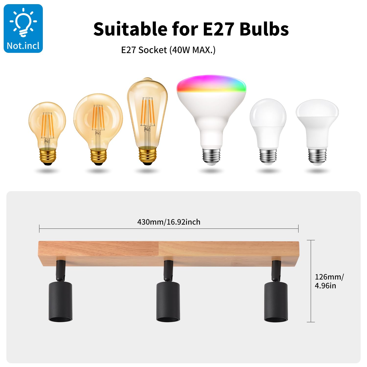 LVWIT Plafonnier 3 Spots LED E27, Luminaires Intérieur Noir, Plafonnier Bois avec Base Rectangulaire, Applique Murale Chambre, Lustre salle à Manger(Sans Ampoules)