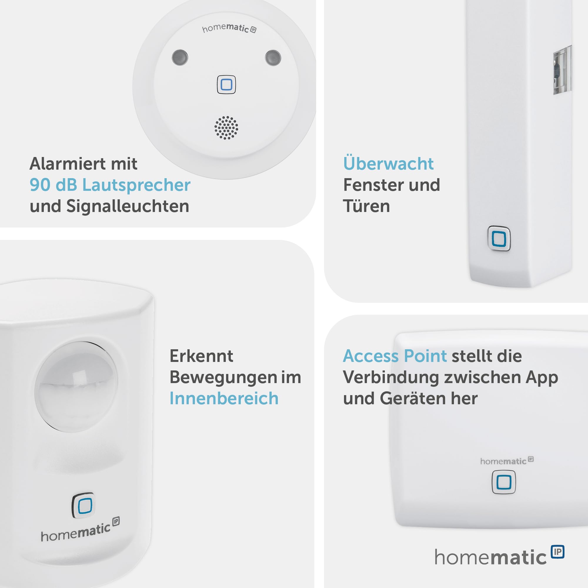 Homematic IP Starter Set Alarm, Smart Home, digitaler Fenstersensor, Bewegungsmelder, Funk-Innensirene mit App-Funktion warnt hörbar, sichtbar, per Push-Nachricht, smarte Alarmlösung, 153348A0