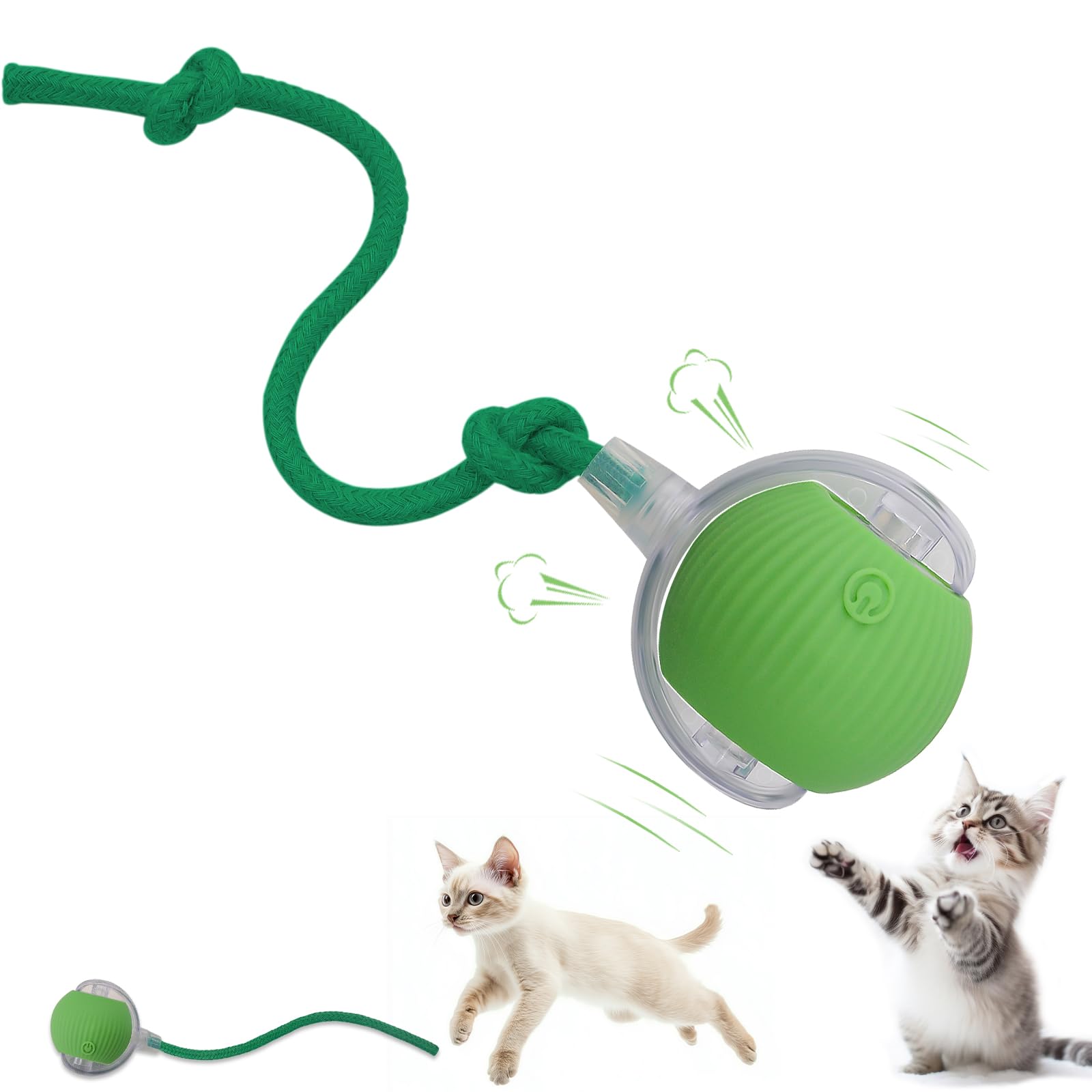 Interactive Cat Dog Toy Ball: Indoor Automatic Moving Smart Rolling Fun Pet Game with Led Light and Tail for Motion Activated, Kitten Puppy Present, Chase Exercise, Hunting Simulation-Upgrade (Green)