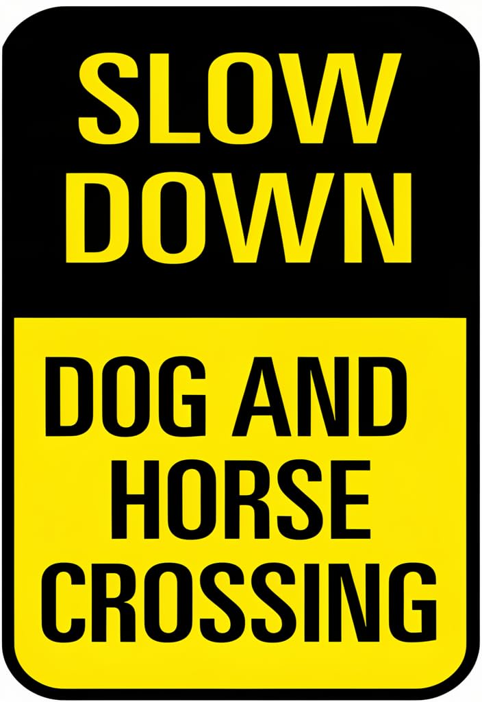 peiyeety Slow Down Dog and Horse Crossing Tin Sign 12x8 Inch, Black Yellow Metal Warning Sign, Farm Barn Stable Fence Wall Decor, Outdoor Indoor Home Decor Gift
