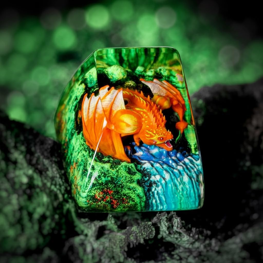 Orange Dragon with Waterfall Artisan Keycap R1 SA Profile Custom Fantasy Dragons Keycaps 1U ESC Handmade Gaming Resin Key cap Cherry MX Switch Compatible Mechanical Keyboard Gift for Dragon Lover