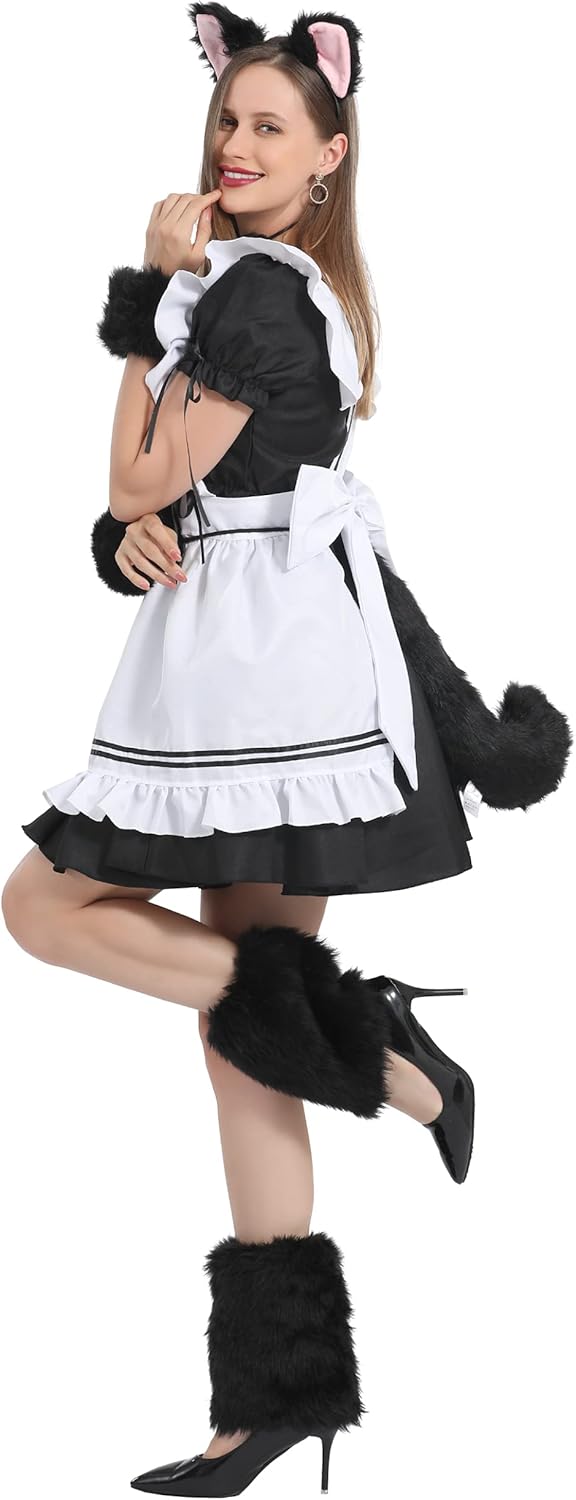 Soul Young Faux Fur Cat Ears Furry Wolf Fox Long Tail Costume Halloween Party Animal Cosplay Set (5PCS Black) - Image 6