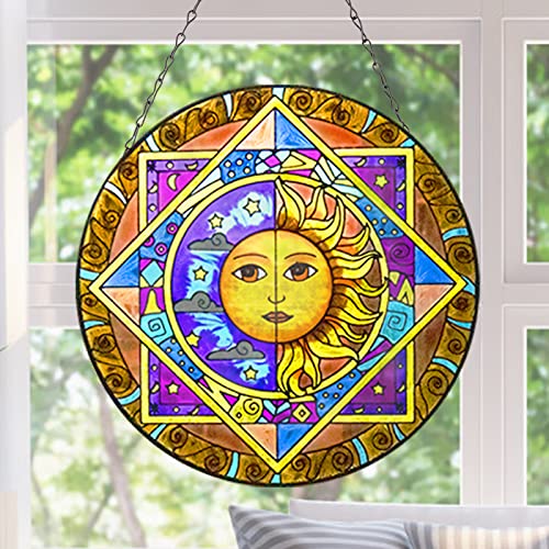 Vewogarden Sun Stained Glass Window Hangings, Sunface Suncatcher For Window With Metal Chain, Great Gift For Friends (Dia 10 Inches) #TOP2