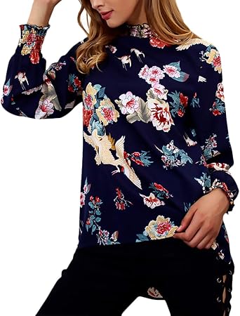 Camisa De Manga Larga Mujer Vintage Fashion Floreadas Chiffon Blusas  Elegantes Camisa Modernas Casual Manga Largo High Collar Ocasional  Primavera Otoño Tops (Color : Navy Blue, Size : XL): Amazon.es: Ropa