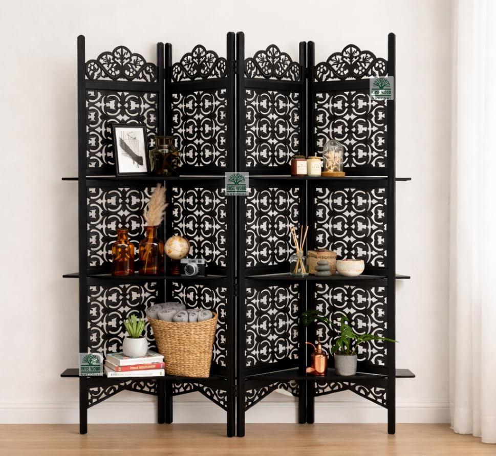 Image of Wooden Room Divider 6 Feet, 4-Panel Folding Wooden Partition for Living Room, Office, Pooja Room, Restaurant, Kitchen & Balcony (2W x 1.82H Meters). (Black-Lattice)