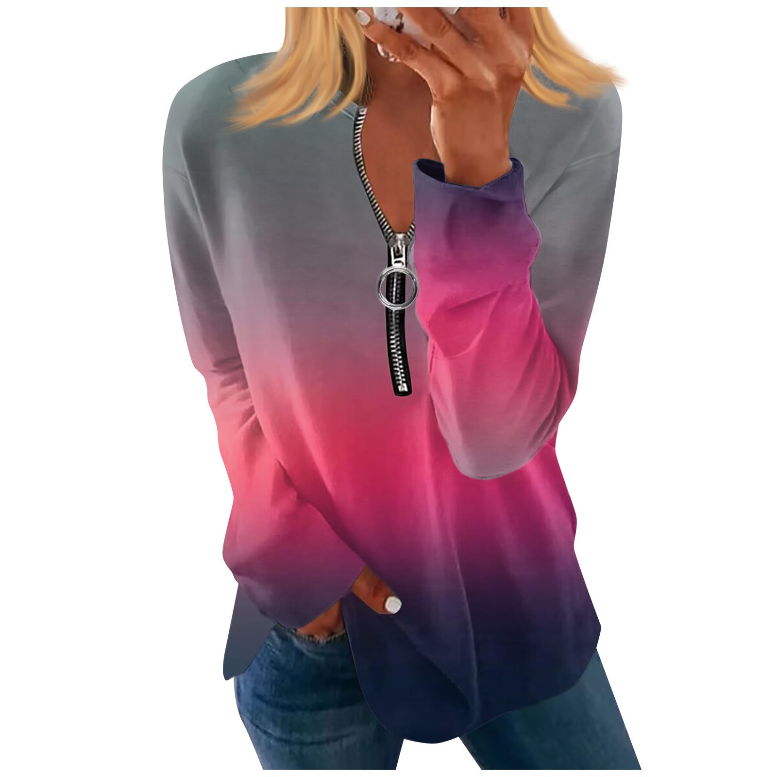 Quarter Zip Pullover Women Gradient Printed Long Sleeve Oversized Sweatshirts Fall Fashion Outfits 2023 Y2k Clothes