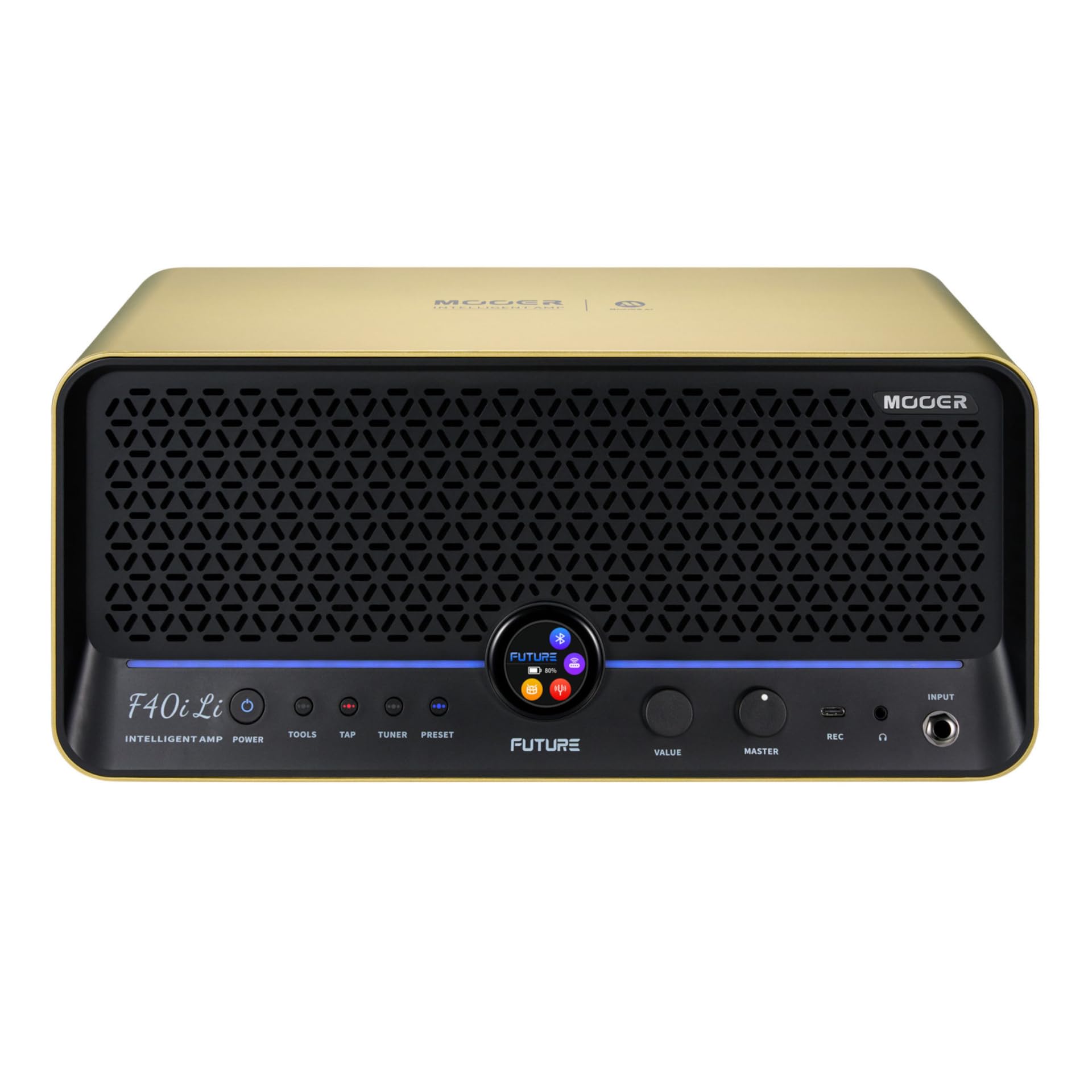 Mooer F40i Li - Chitarra multi-effetti e modellazione, 40 Watt, con batteria, colore: oro imperiale