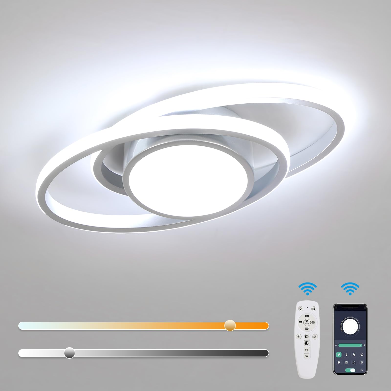 Mckalen Lámpara de Techo LED Regulable, 39W 4387LM Plafon LED Techo Moderno, con Mando/APP, Plateado Luz de Techo LED 3000K-6500K para Salón Dormitorio Cocina Comedor, 38.5CM