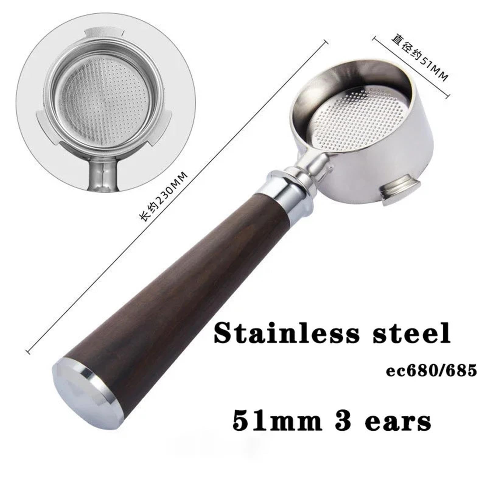 Portafiltro Sin Fondo De 51mm Y 3 Orejas, Compatible Con Delonghi,EC680/685,Compatible Con SMEG, Herramienta De Filtro De Mango De Café De Acero Inoxidable Espresso(51mm-3ear-A2)