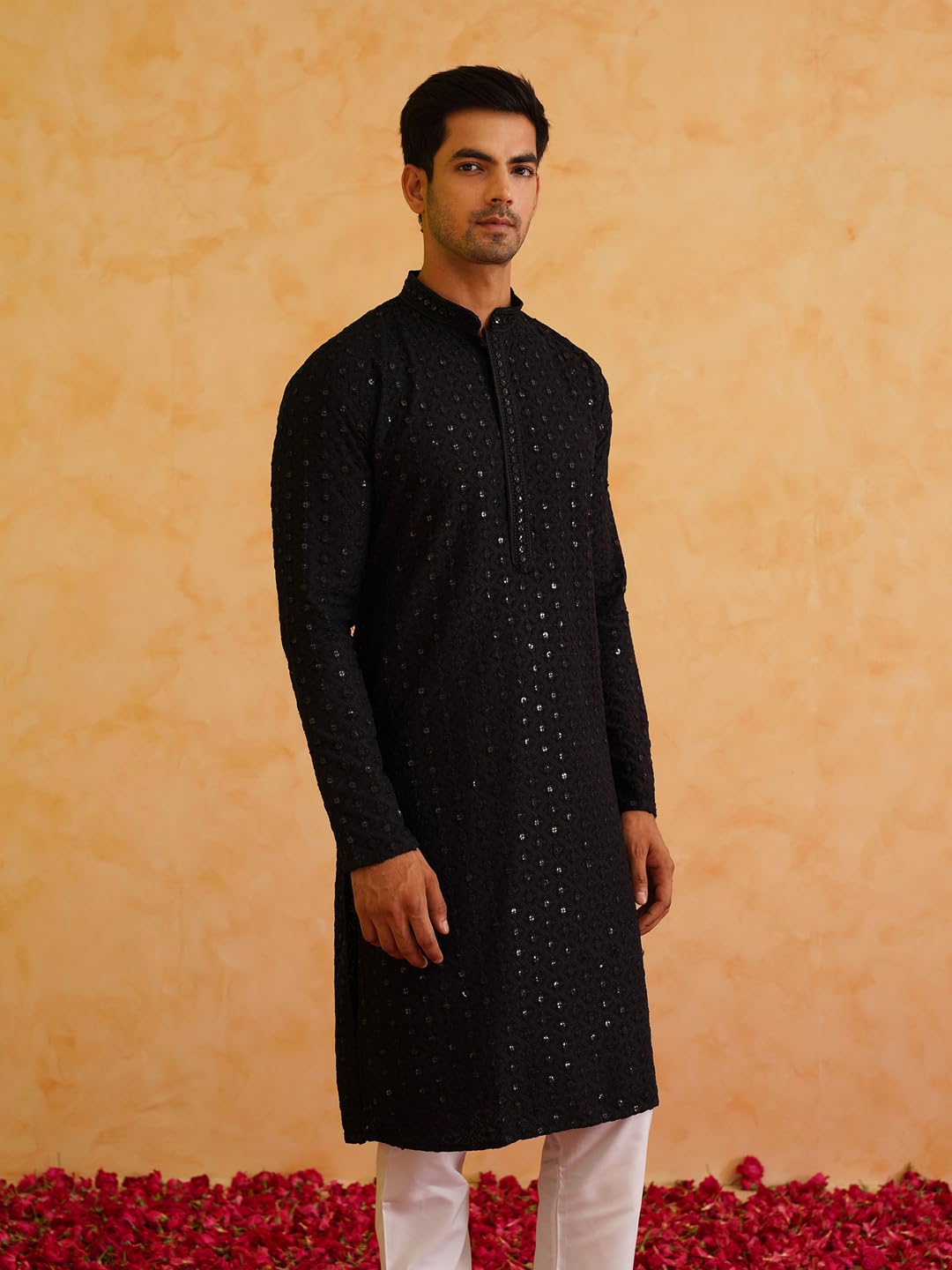 Sojanya (Since 1958 Men's Ethnic Motifs Embroidered Sequinned Cotton Black Long Kurta