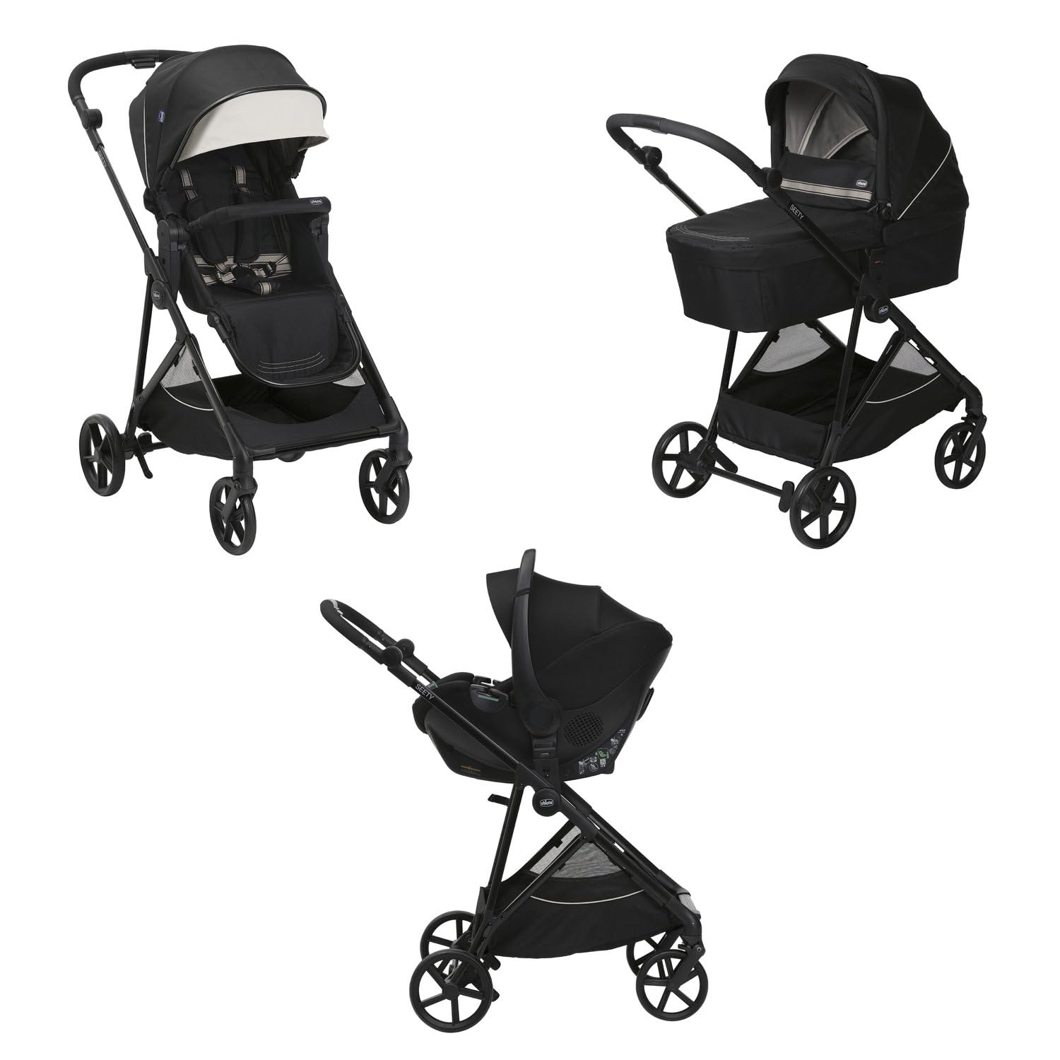Chicco Trio Seety, Comprende Passeggino Seety con Telaio Ultraleggero, Navicella Ampia e Imbottita e Seggiolino Auto Kory Essential I-Size, Sistema Modulare Leggero e Compatto, 0 Mesi - 4 Anni