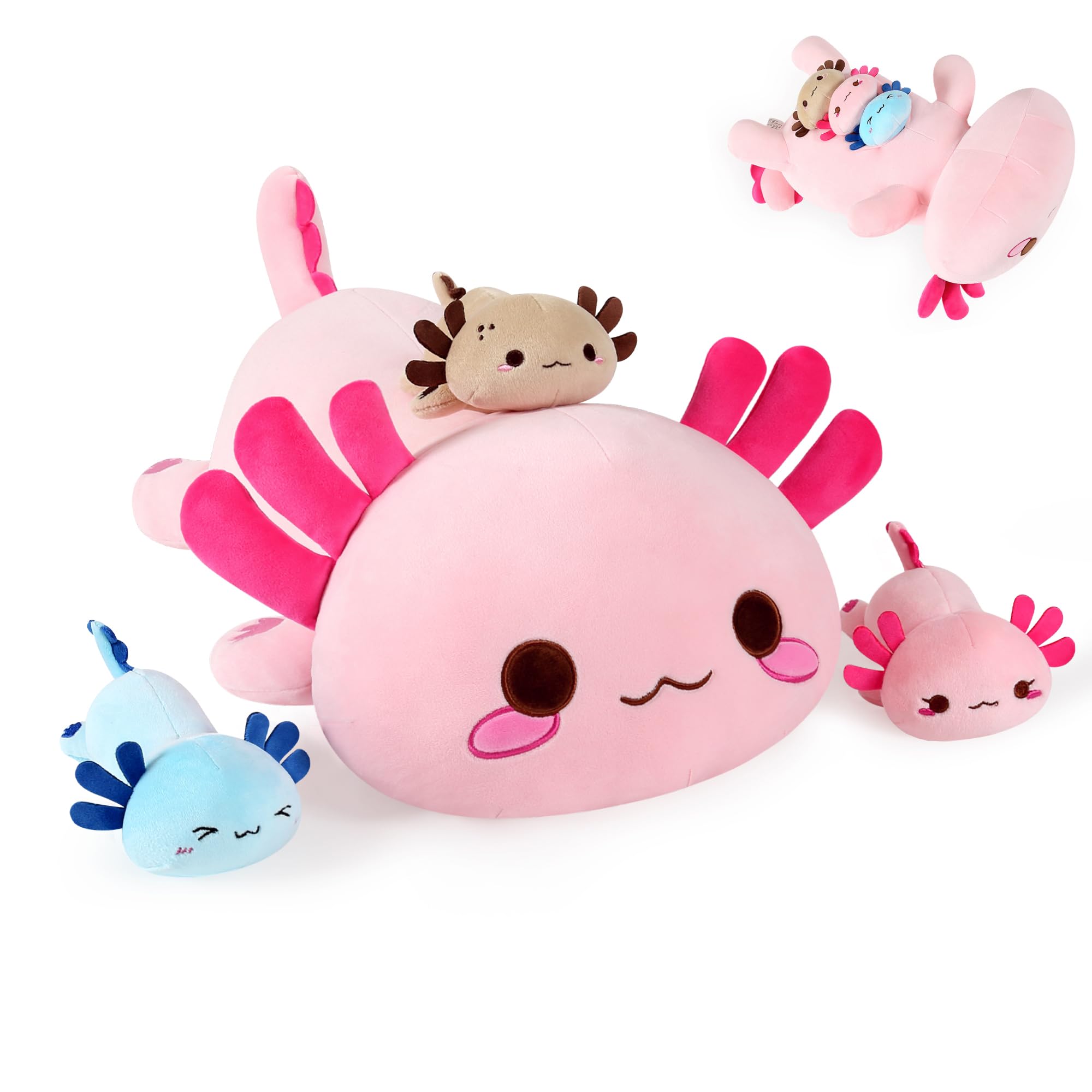 Onsoyours Axolotl Stuffed Animal Mommy 19.7" with 3 Baby Axolotl Plushies in Tummy, 4 Piece of Cute Axolotl Plush Pillow Toys for Kids Girls Boys (Pink Axolotl Family)