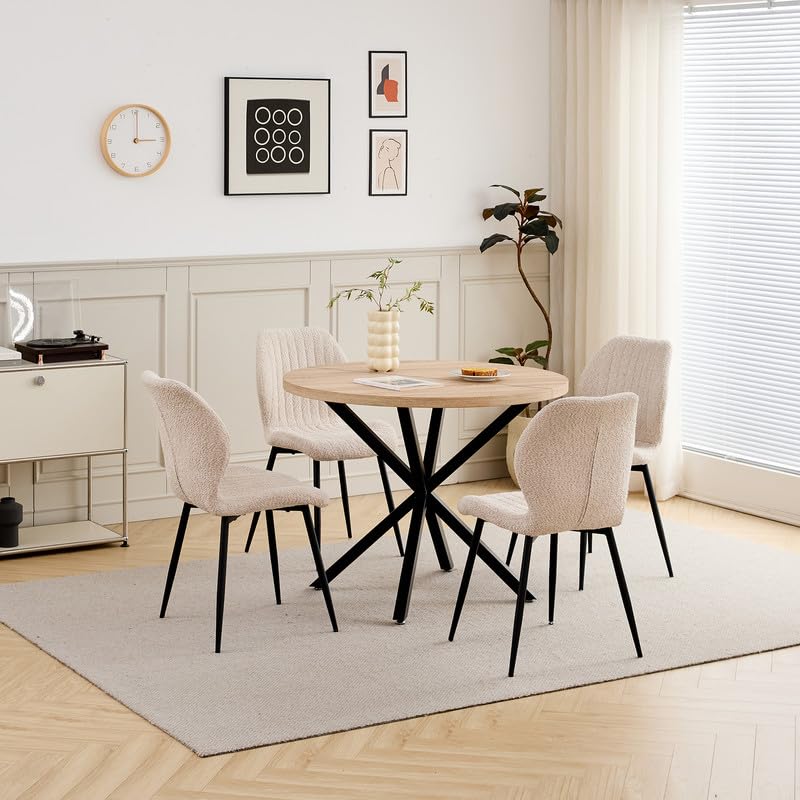Ensemble Table de Salle à Manger Ronde et 4 Chaises, Table en MDF avec Décor Bois Clair et Pieds en Métal, Chaises Rembourrées en Lin pour Cuisine, Salle à Manger (Fini Bois Clair+Beige)