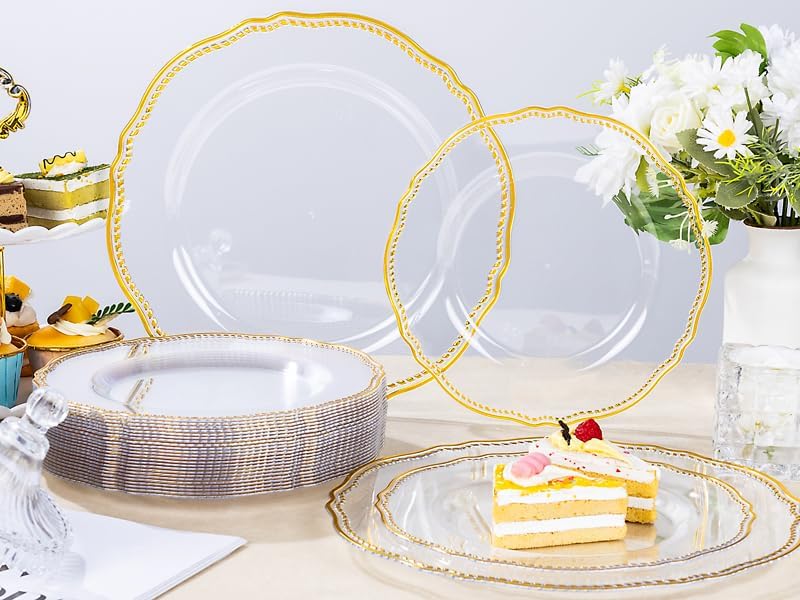 Hioasis 60pcs Clear Plastic Plates - Clear and Gold Disposable Dinnerware with Gold Rim, Heavy-duty, 10.25 inch, Dinner Plates for Party & Wedding - Image 3
