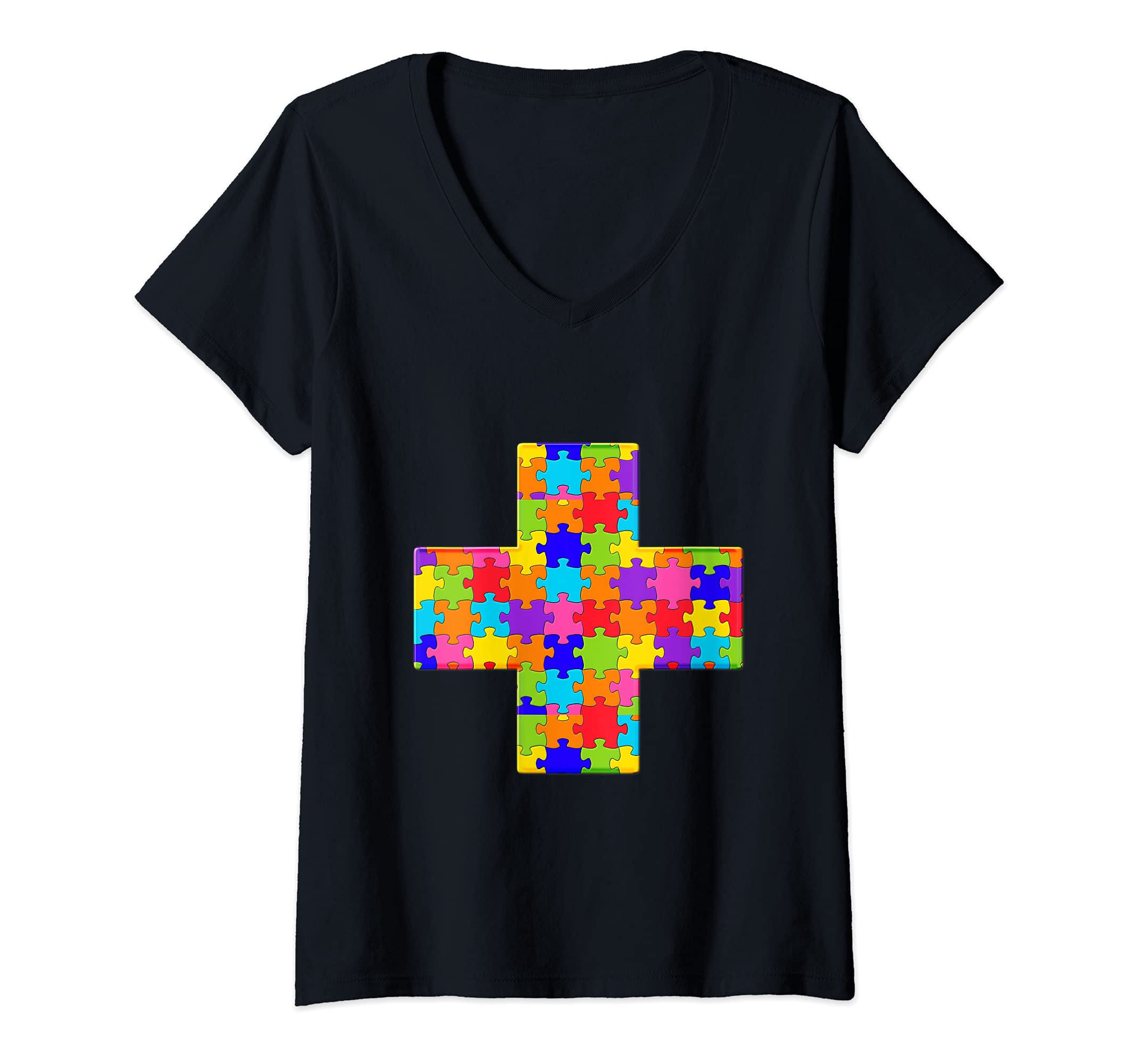 Womens Medical Cross Hospital Jigsaw Autism Puzzle V-Neck T-Shirt