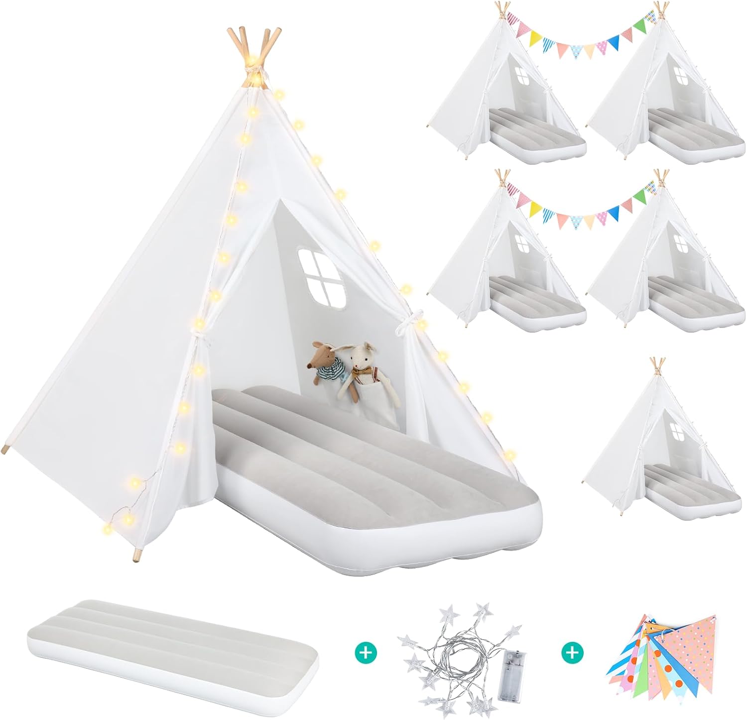 Teepee Tent for Kids Slumber Party 6 Pack - Inflatable Airbed & Star Lights & Colored Flag - Indoor Outdoor Toddler Play Tent for Girls Boys Birthday Gifts Sleepover Party (White) 6 Pack and Airbed
