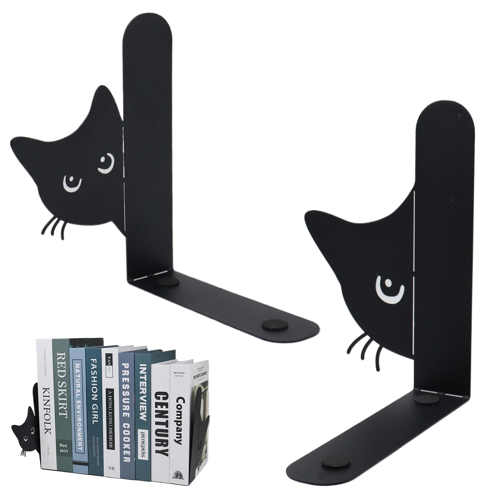 PIWOSGOL Buchstütze aus Metall, 2 Stück Kreativität Katze Bücherstütze 15×4×18 cm, Niedliches Katzendesign, Stabile Büromaterial, Hidden Bücherhalter für Schulen, Bibliotheken, Büros
