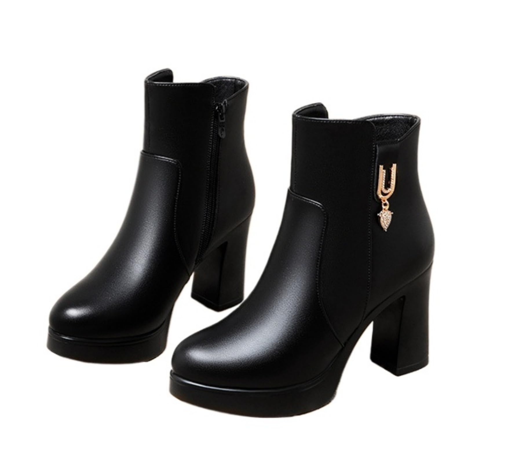 Purubylley Womens Winter Warm Platform Wedges Ankle Booties Soft Leather Platform Side Zipper Sparkling Rhinestones Fully Fur Lined