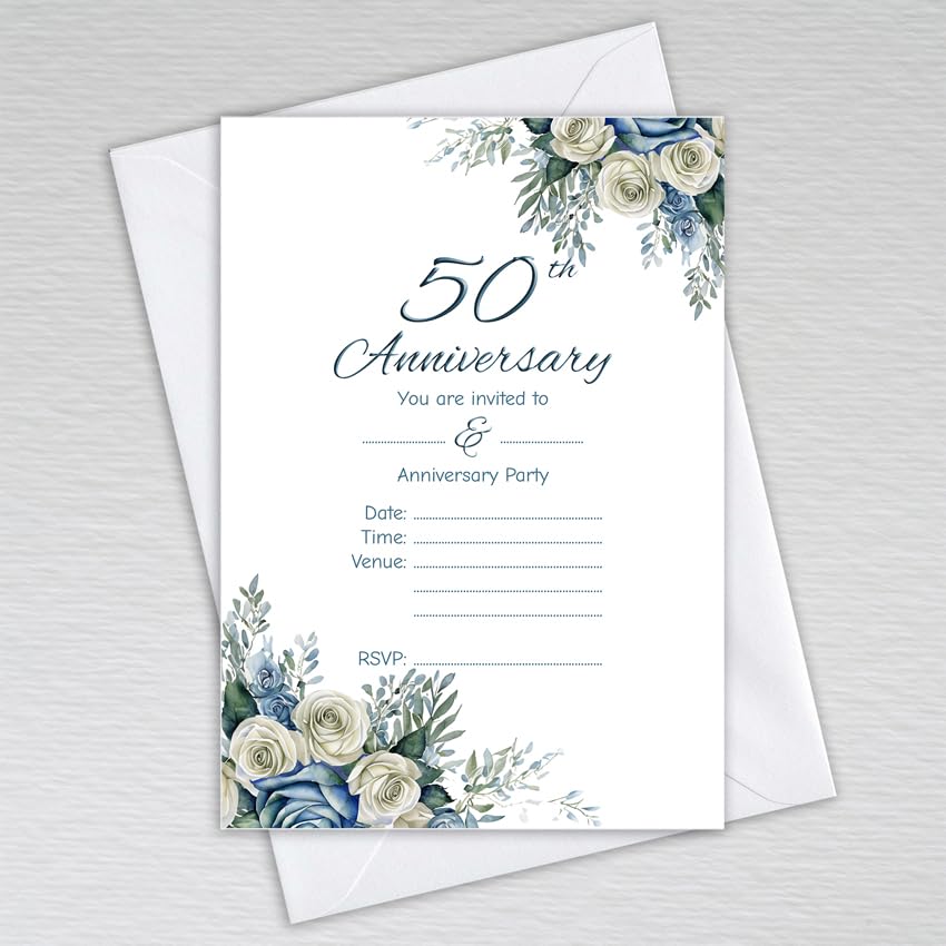 Webspectations Pack of 50th Wedding Anniversary Invitations with Envelopes: Dusty Blue Rose 50th Anniversary Invites (Pack of 50 with Envelopes)