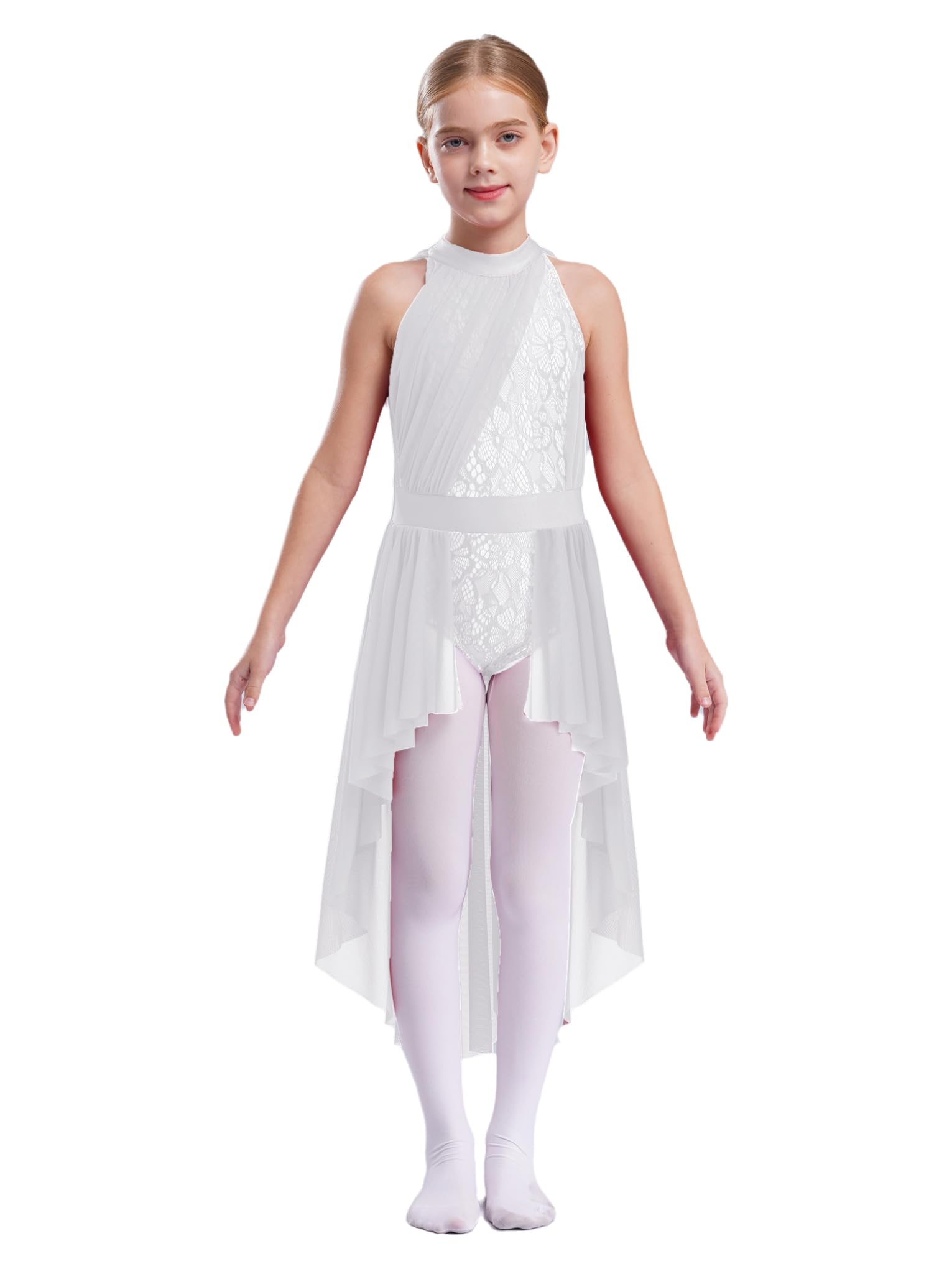 Jan Jean Kids Girls Sleeveless Halter Mesh Lyrical Dance Dress Ballet Tulle Leotard Dress Hi-Lo Contemporary Dancewear White 10 Years