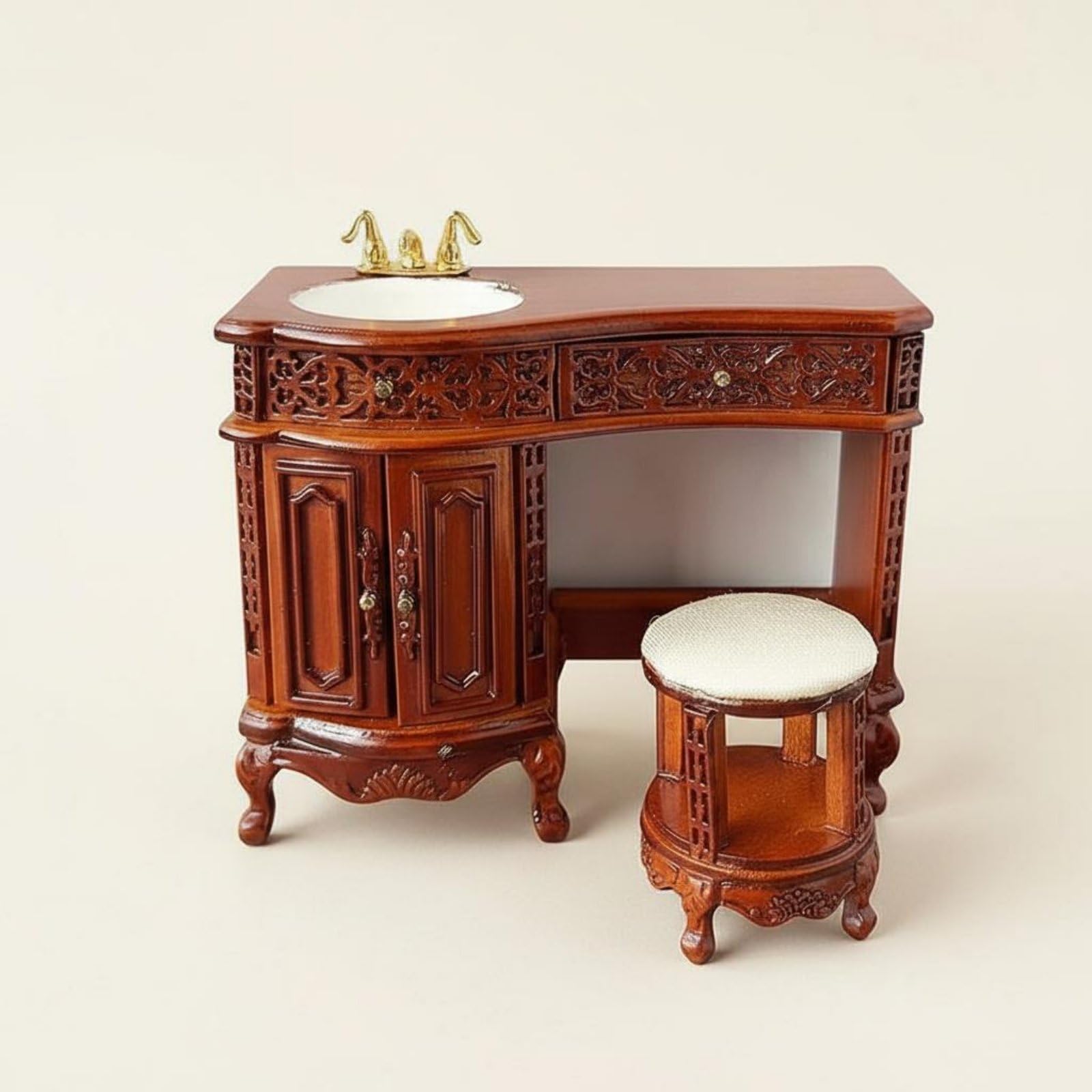 Toeletta in Miniatura per Casa Delle Bambole Toeletta Sgabello Mobile Lavabo Specchiera Legno Lucidato con Rubinetto Finiture Europee Cassetto