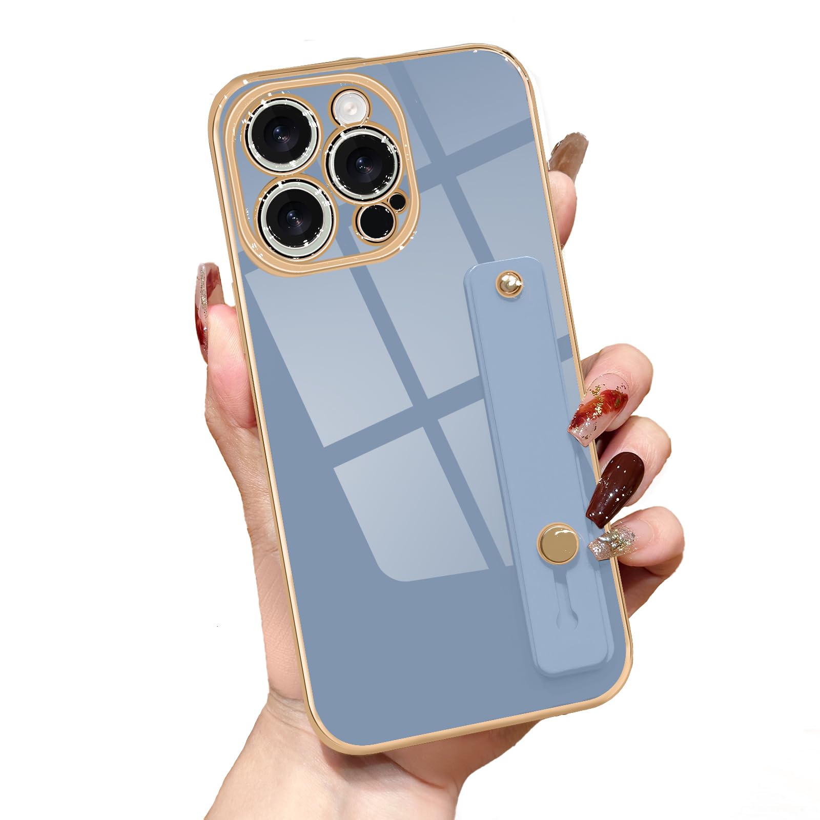 Lafunda for iPhone 14 Pro Case Cute, Luxury Gold Plated for Women Girls Elegant TPU Bumper Cover with Wrist Strap Kickstand Camera Protection