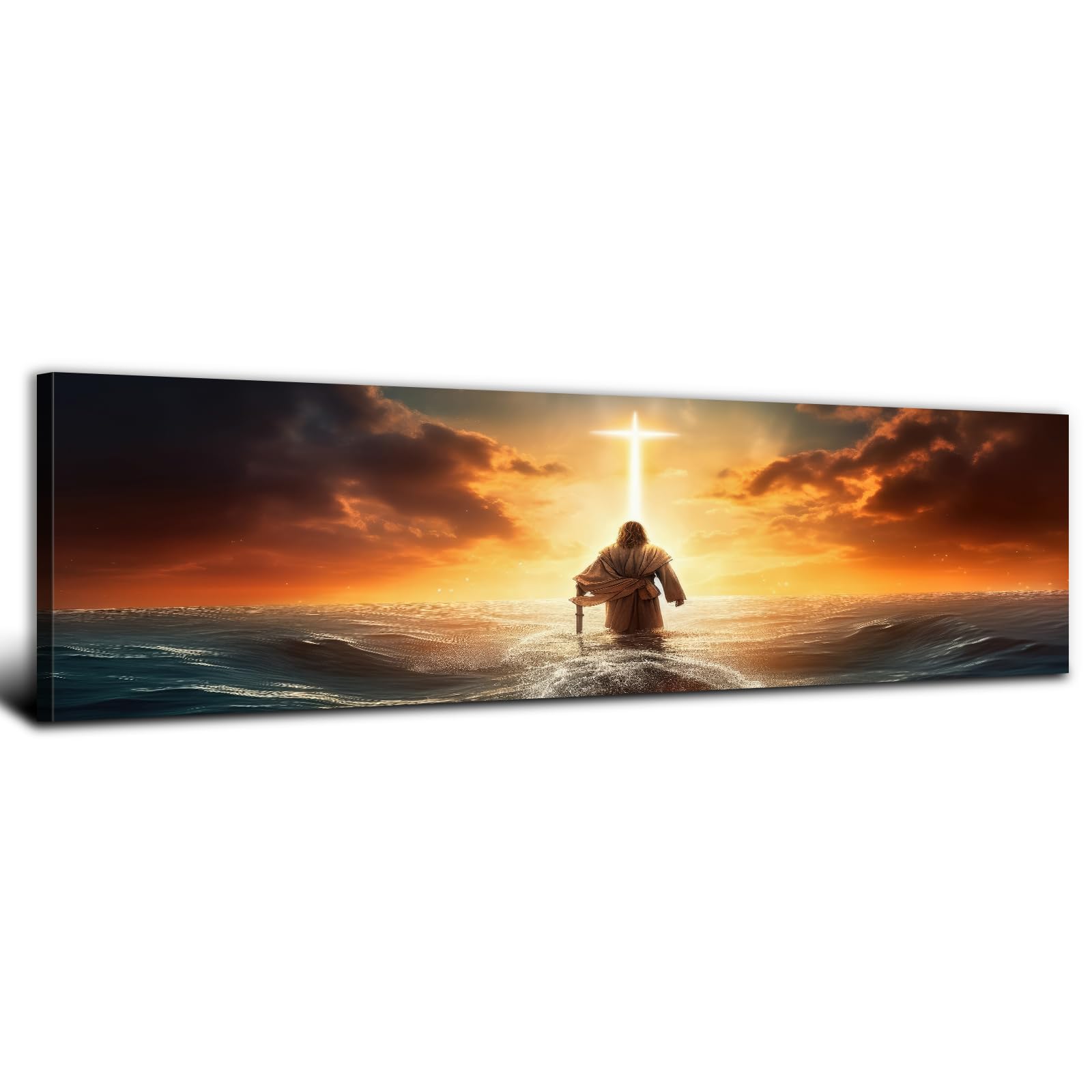 Christian Bible Canvas Wall Art for Bedroom Above Bed, Jesus Walking on Water Picture Wall Decor Sunrise Ocean Sea Cross Painting Prints Spirit Religious Faith Poster Artwork Office Decorations 14x48"