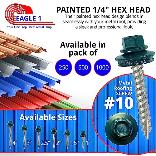 EAGLE 1 Metal Roofing Screws #10 - Painted Hex Head Self-Tapping Screws with EDPM Rubber Washer for Metal to Wood, Vinyl, Small Sheet Metal - Free Magnetic Driver (Evergreen, 1.5 Inch, 250)