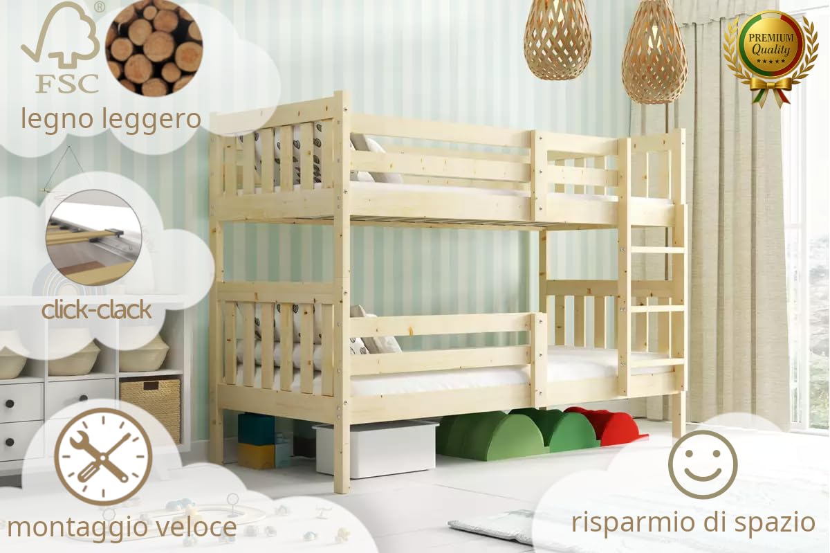 Interbeds Etagenbett Kaspar 200x90 Hochbett Stockbett aus Kiefernholz roh mit Leiter mit Lattenrost Naturholz Jugendbett Kinderbett für 2 Personen, teilbar in 2 Einzelbetten (Naturholz, 200x90)
