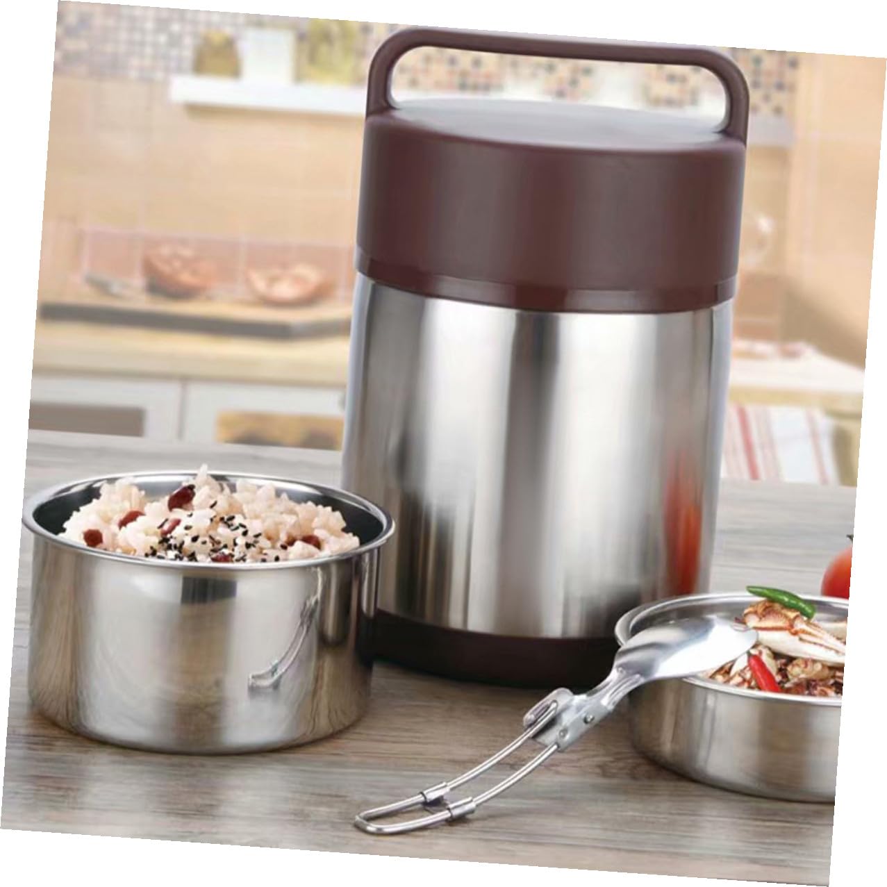 INOOMP Fiambrera de Acero Inoxidable de 1, 8 L, Doble Capa, Café