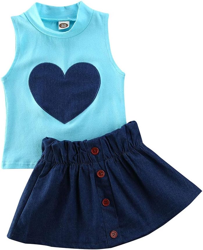 Toddler Kids Baby Girl 2Pcs Summer Outfit Heart Printed Sleeveless T-Shirt Top + Button Ruffled Denim Skirt 1-6Y