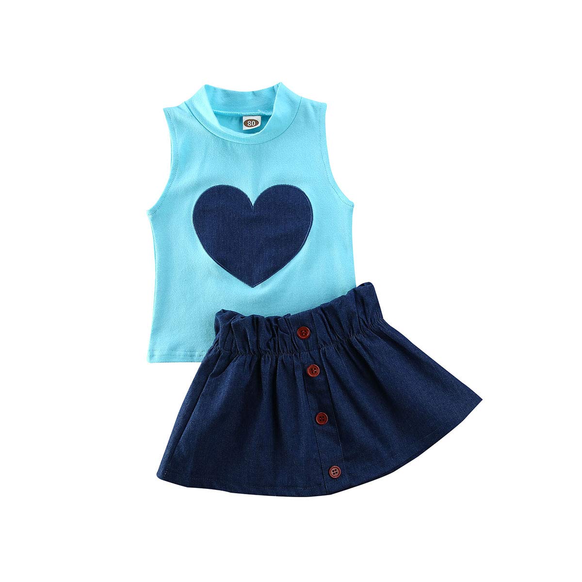 Toddler Kids Baby Girl 2Pcs Summer Outfit Heart Printed Sleeveless T-Shirt Top + Button Ruffled Denim Skirt 1-6Y