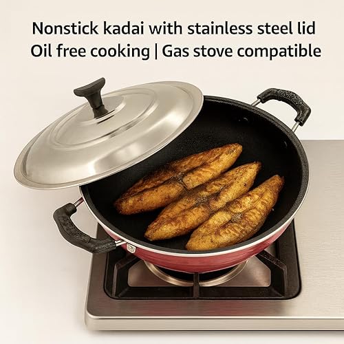 Miniatura 8 de Kadai Kadhai - Utensilios de cocina antiadherentes de acero inoxidable, antiadherente, mango de acero inoxidable, 2 litros con tapa de acero, Kadhai