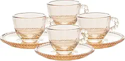 WOLFF - Conjunto 4 Xícaras de Café de Cristal com Pires Âmbar Metalizado 80ml - Linha Pearl