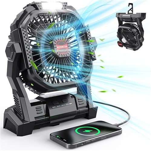 Miniatura 8 de Ventilador portátil con pilas, ventilador de campamento recargable de 20000 mAh con linterna LED, gancho para colgar, equipo de campamento