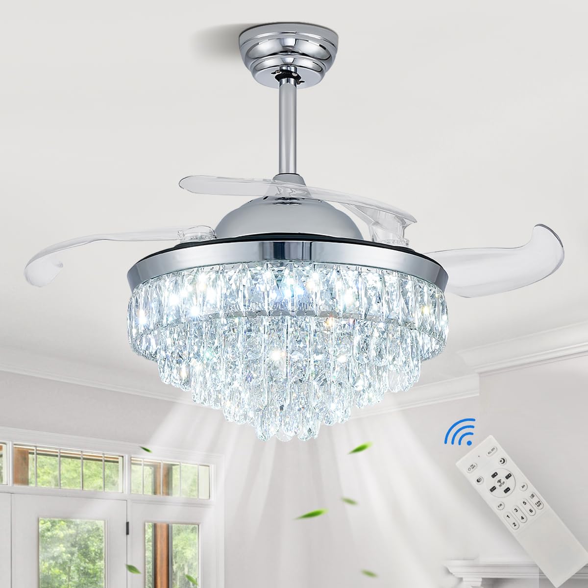 CLAIRDAI 42'' Dimmable Fandelier Modern Crystal Ceiling Fans with Lights Invisible Fandelier,Silent Motor Ceiling Fan with Timer Memory Function for Bedroom Dining Room Living Room