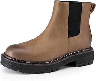 Athlefit Women's Chunky Low Heel Slip On Short Ankle Boots | 1.57-Inch Chunky Low Heel Short Booties, Non-Slip Lug Sole, Round Toe, Elastic Side, Ideal for Fall Winter Walking Daily Wear