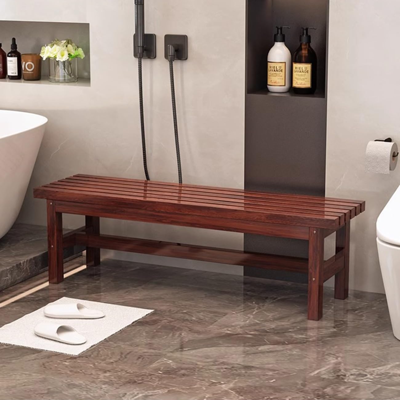 Panca da interno in legno stile rustico per soggiorno e sala da pranzo, panca porta scarpe in legno massello per ingresso, panca da tavolo per cucina, con design senza braccioli e altezza ridotta (n