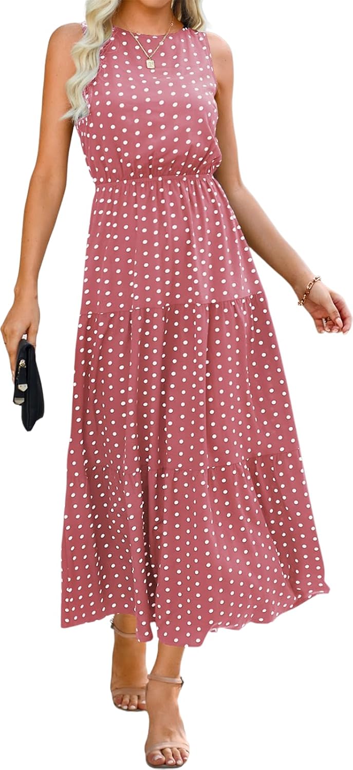 PerZeal Women's Summer Dress Sleeveless Crewneck Tiered Ruffle Floral Dress Flowy Beach Sundress Long Maxi Dresses