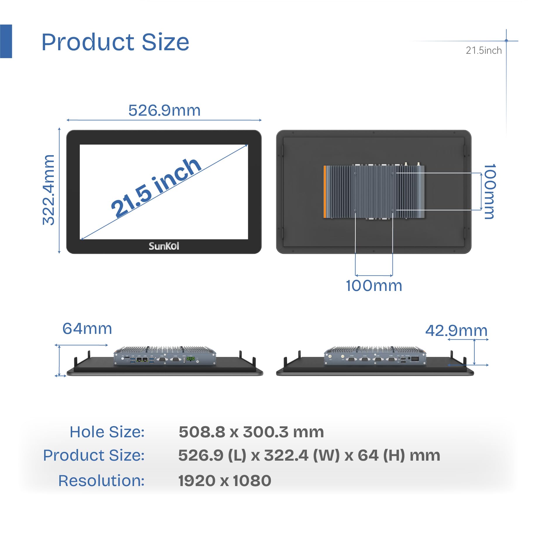 21,5" lüfterloser Industrie-Panel-PC,16:9 Embedded 10-Punkt-Touch-PC,Windows 11 IP65 All-in-One,Automat-Einschaltung,für Fabrik,Automatisierung,Unternehmen (I5-10310U,16GB RAM,512GB SSD)