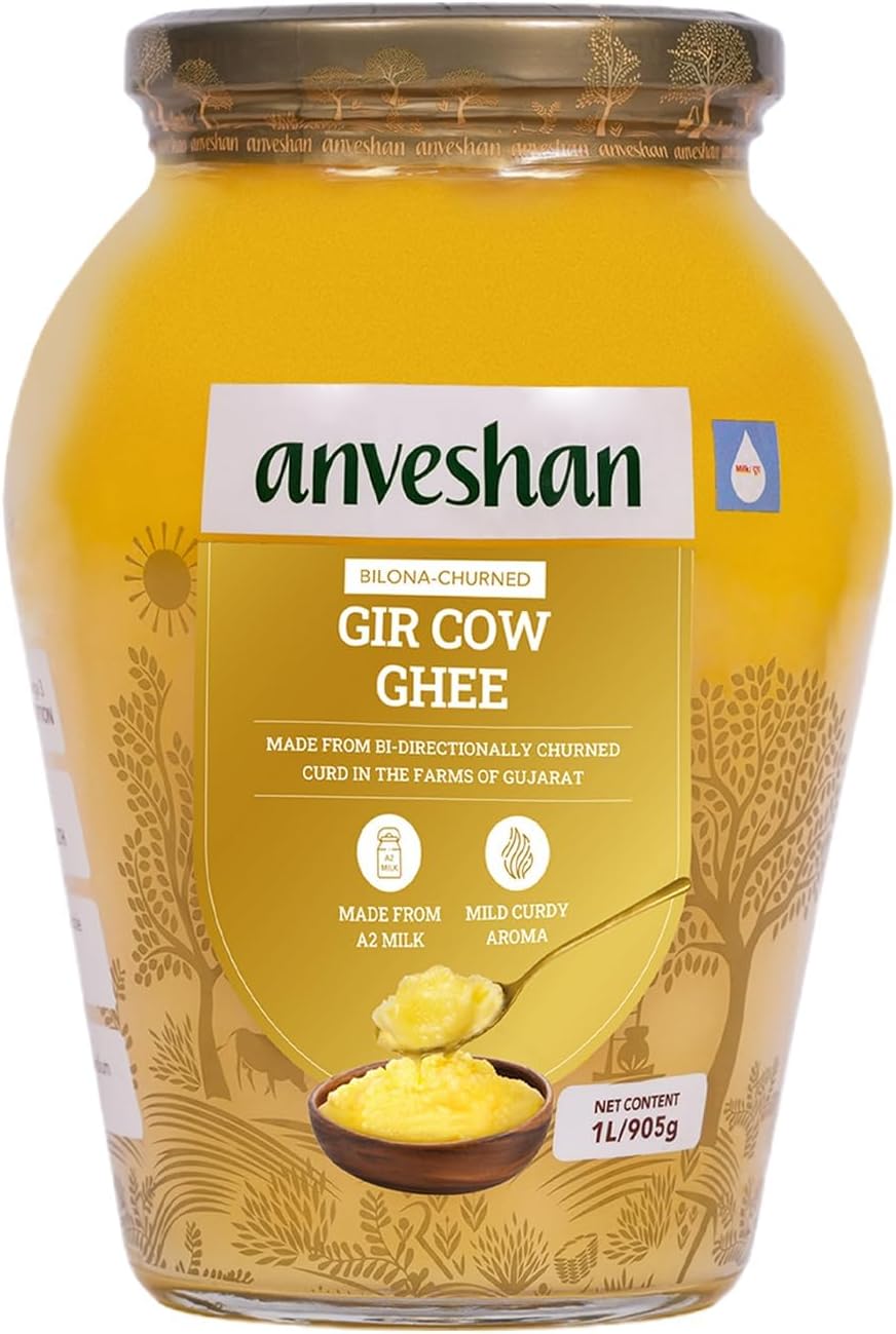 Anveshan A2 Gir Cow Ghee Bilona Method 1Liter, Traditional Bilona Method, Cultured, Immunity Booster, Pure, Natural, Healthy, Fresh, Lactose And Gluten Free