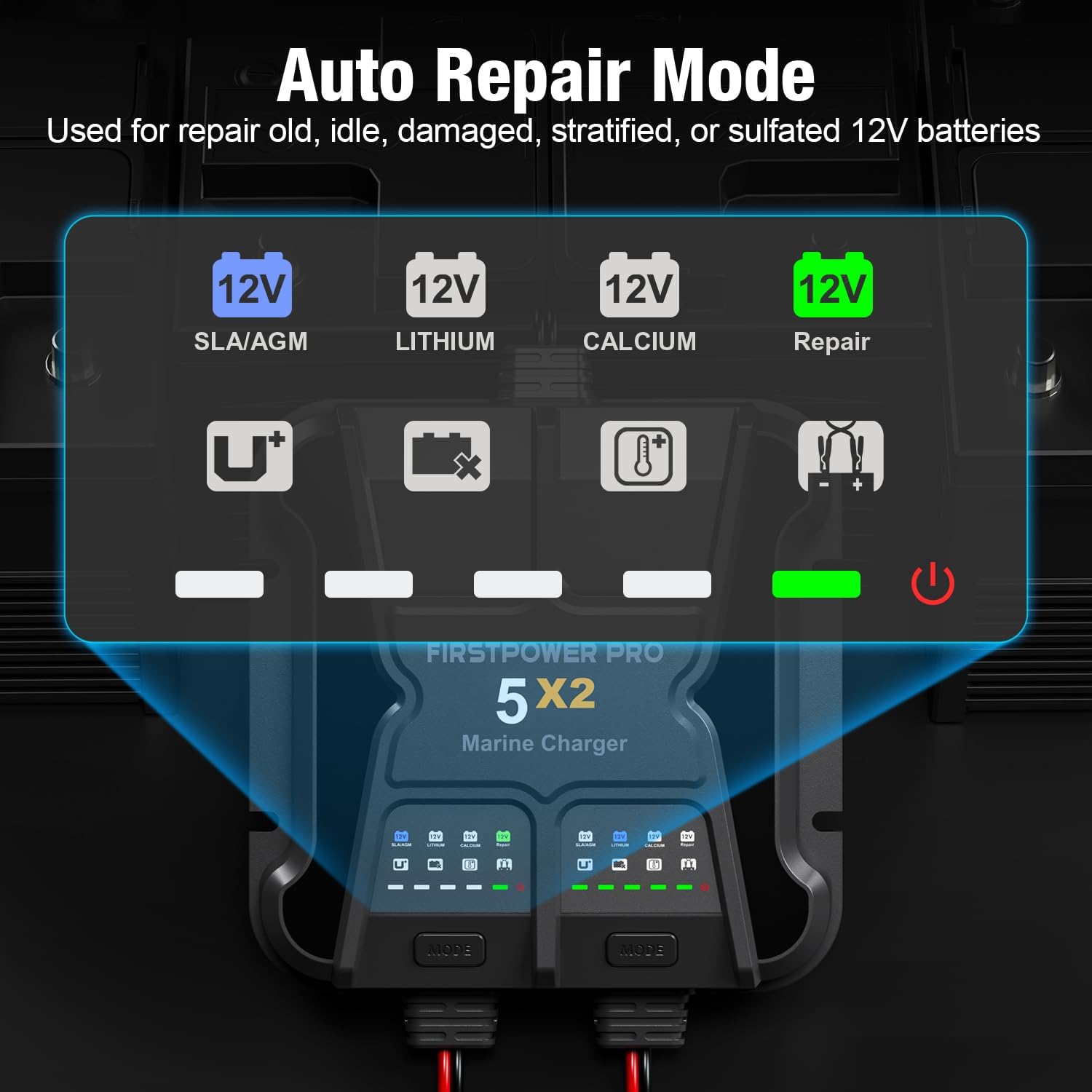 FirstPower Pro 5X2 Marine Battery Charger showing Auto Repair Mode