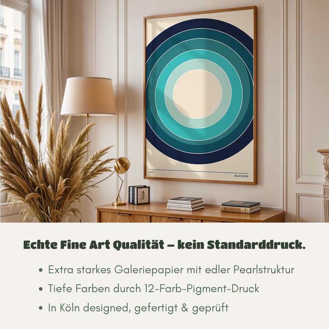 MJ-GRAPHICS® Poster Kreise Kunstdruck geometrisch Wandbild Blau Türkis Deko Wohnzimmer Entspannung Harmonisch Beruhigend Kunst druck Modernes Design Dekoration A2 mit schwarzem Rahmen