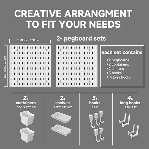 Miniatura 6 de Organizador de pared de tablero de clavijas, juego de almacenamiento montado en la pared con 2 tableros de clavijas y 13 accesorios, organizador de