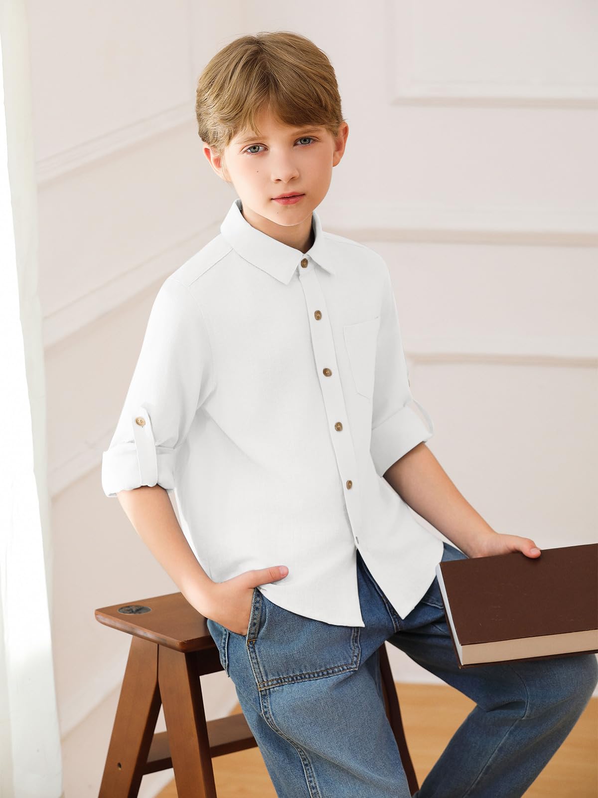 Haloumoning Camicia per bambini in lino con bottoni, a maniche lunghe, con tasca sul petto, 5-14 anni